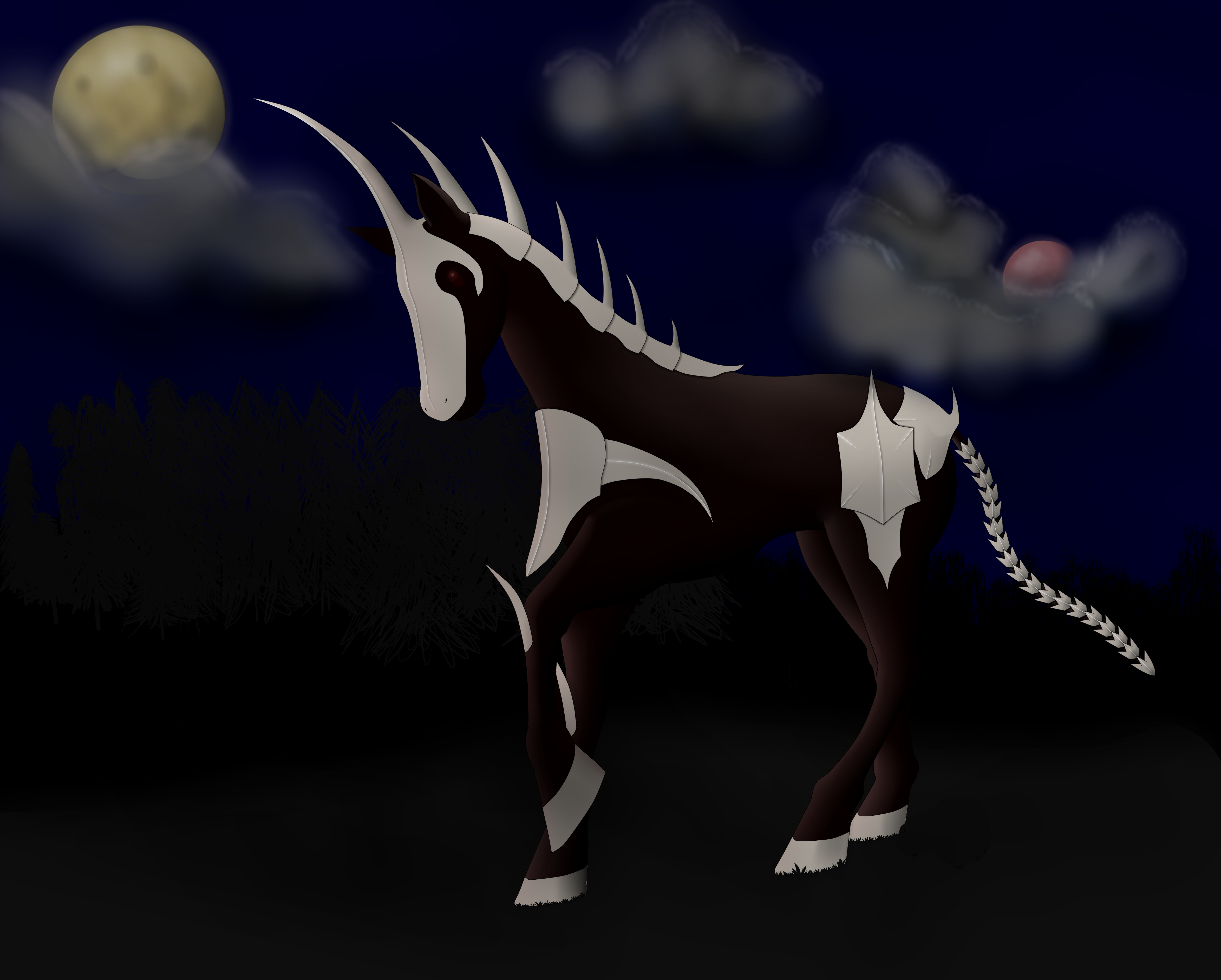 The false unicorn emerges from the shadowy moors, on a moonlit night.